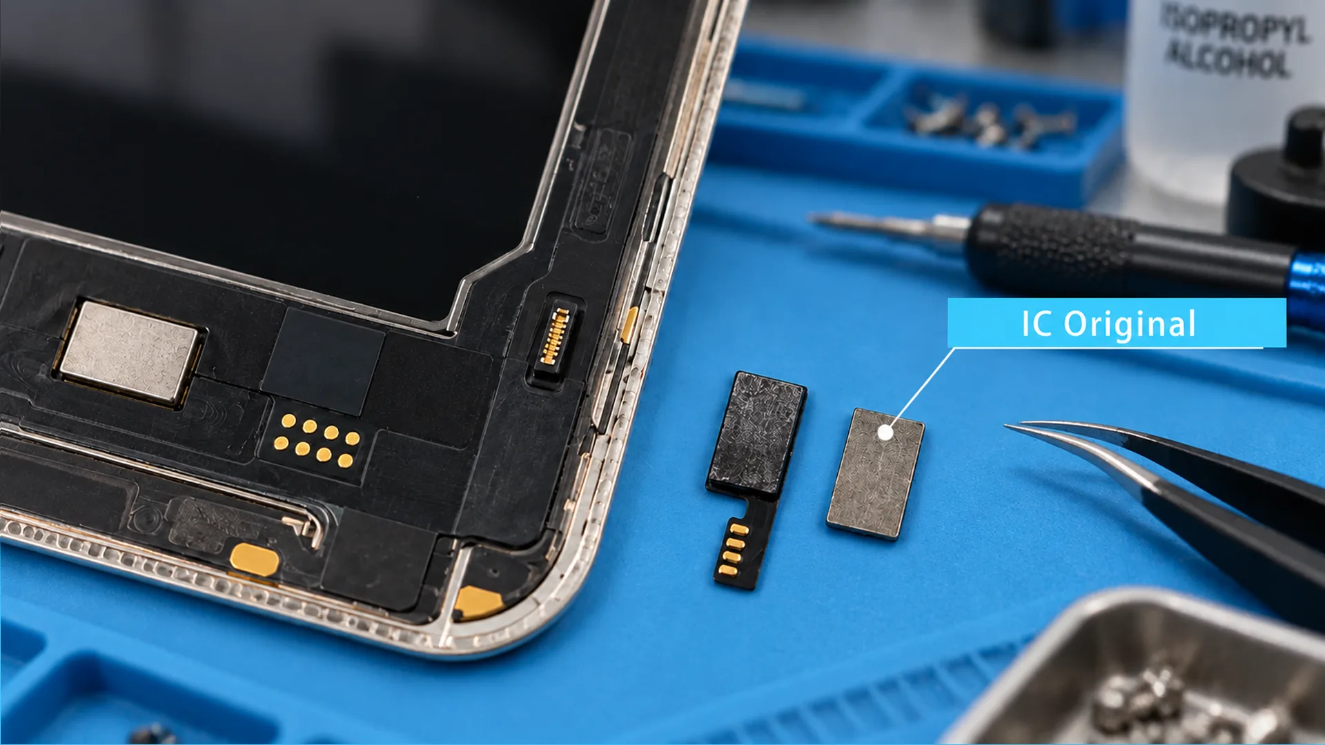 OEM pulled touch IC used on a diagnostic-compatible aftermarket iPhone OLED screen