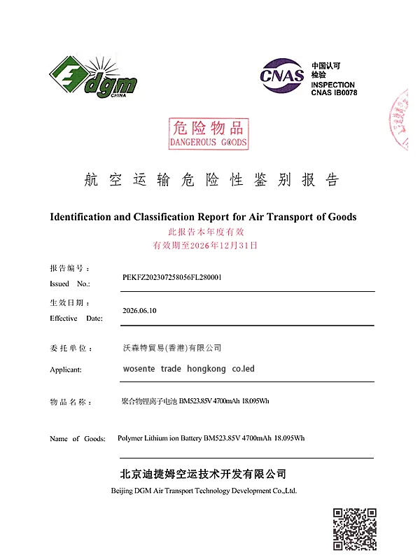wosente lithium battery air transport report